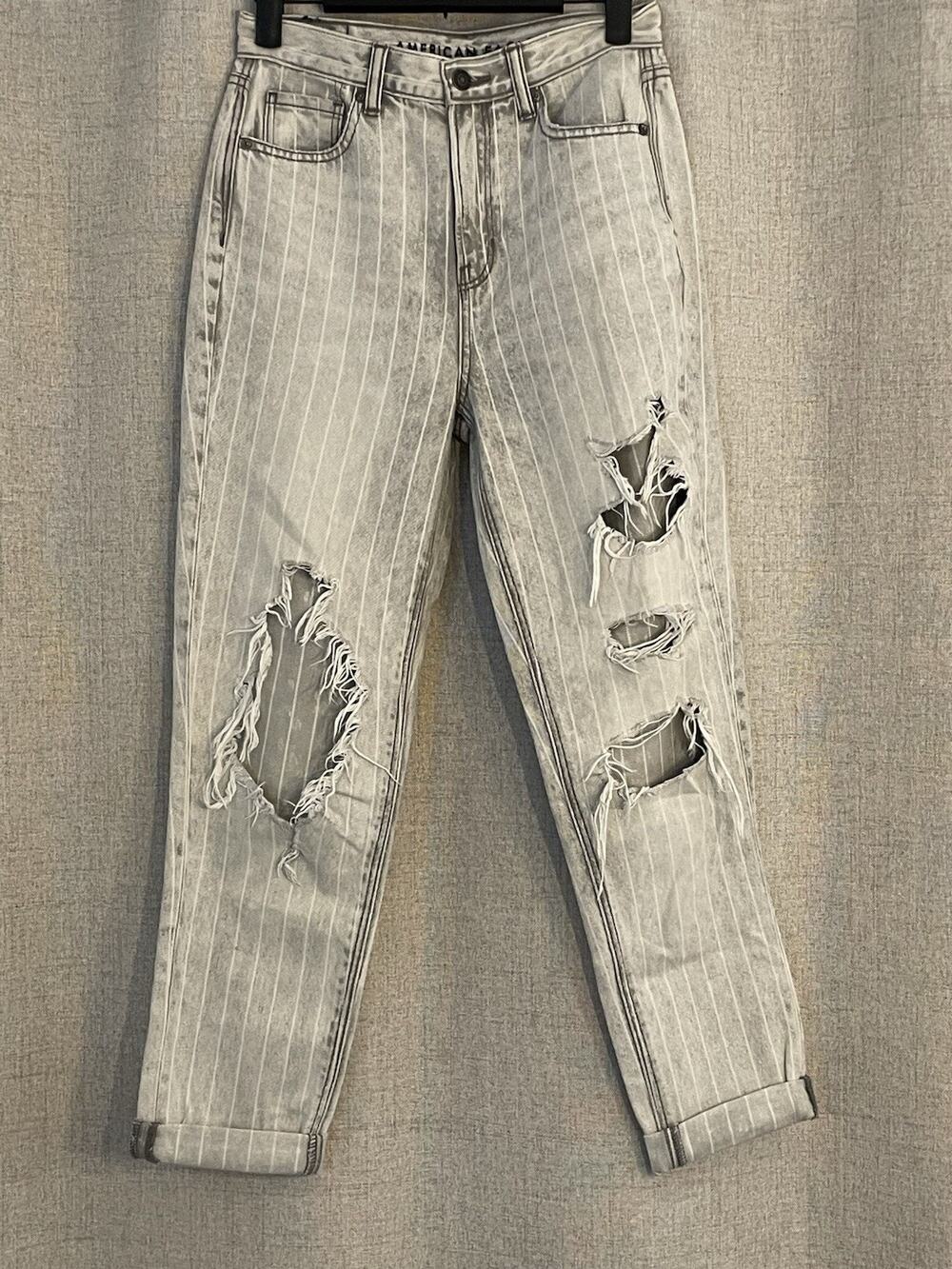 AMERICAN EAGLE Mom Jean Sz 0R High Rise Gray Stripe Ripped #596537